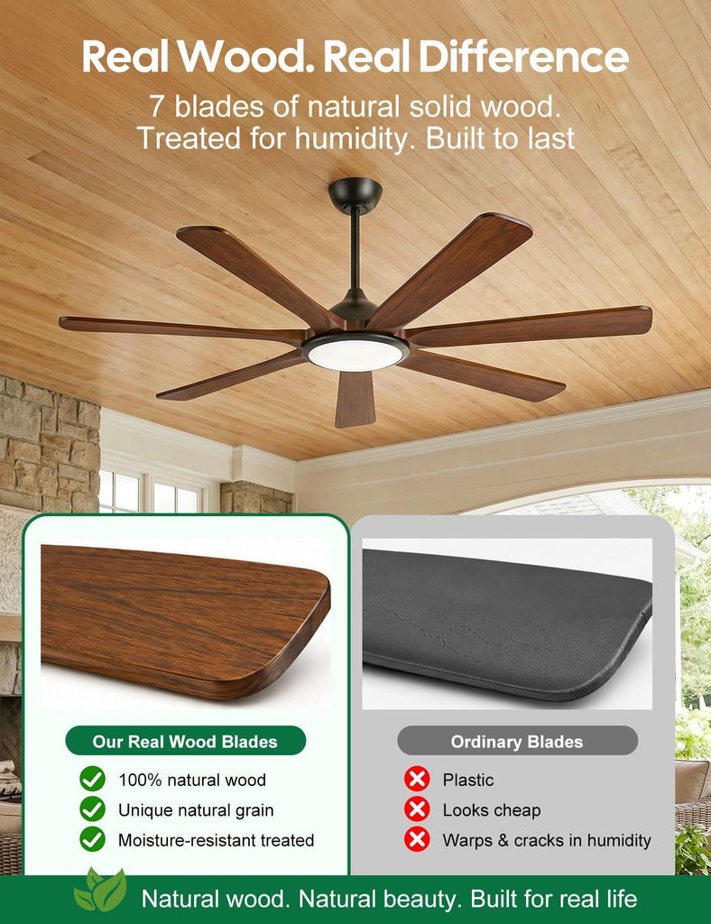 72 inch Smart Wood Ceiling Fan with Large Light, Remote/Alexa/App Control, Farmhouse 7 Solid Walnut Blades