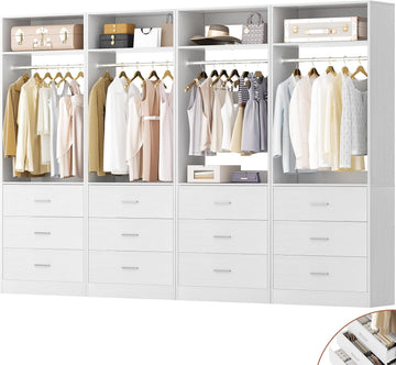 8FT Closet Systems with 12 Wood Drawers, Closet System Set of 4 | 96" Closet Organizer System with 4 Hanging Rods & 4