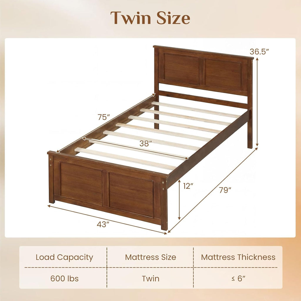 Wood Twin Bed Frames with Headboard, Farmhouse Solid Platform Bed w/Wooden Slat Support Mattress Foundation