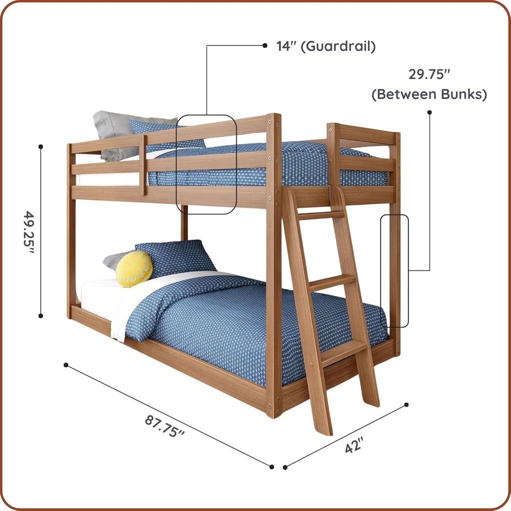 Bear Twin Over Twin Bunk Bed, Low Bunk Bed Frame for Kids, Bunk with Ladder, Guardrail, and Slats