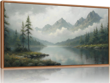 Large Green Forest Framed Canvas Wall Art, Misty Mountain Lake Wall Decor, Modern Foggy Wood Landscape Artwork