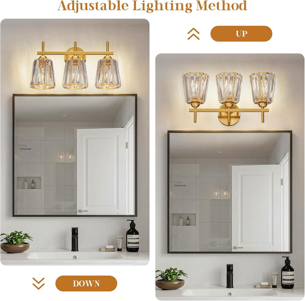Crystal Bathroom Light Fixtures Over Mirror, Gold 3-Light Bathroom Vanity Lights Over Mirror Modern Wall Lighting