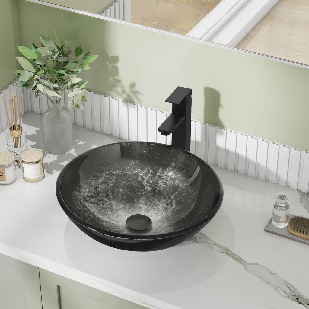 Bathroom Artistic Vessel Sink, Tempered Glass Vanity Round Bowl with Oil Rubber Bronze Faucet and Pop up drain Set
