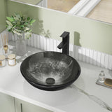 Bathroom Artistic Vessel Sink, Tempered Glass Vanity Round Bowl with Oil Rubber Bronze Faucet and Pop up drain Set