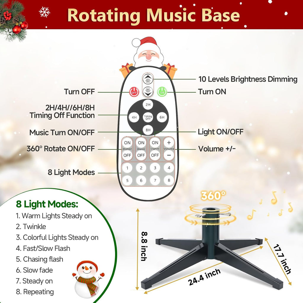 9FT Pre-lit Artificial Christmas Tree with Remote, Warm White+Multicolor 8 Modes Snow Flocked Xmas Light with 2512