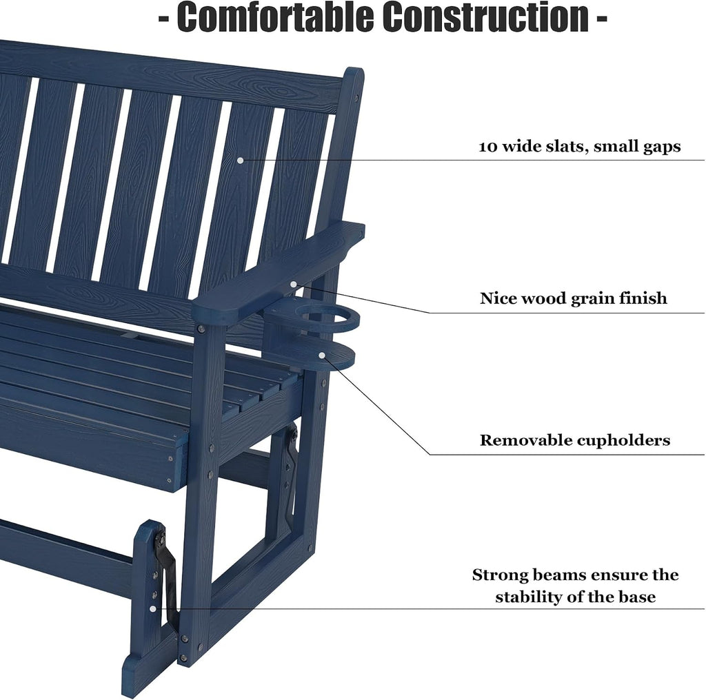Poly Lumber Patio Glider, HIPS Material Weather-Resistant Swing Bench for Outdoor Porch Garden (Navy Blue, 2-Seater)