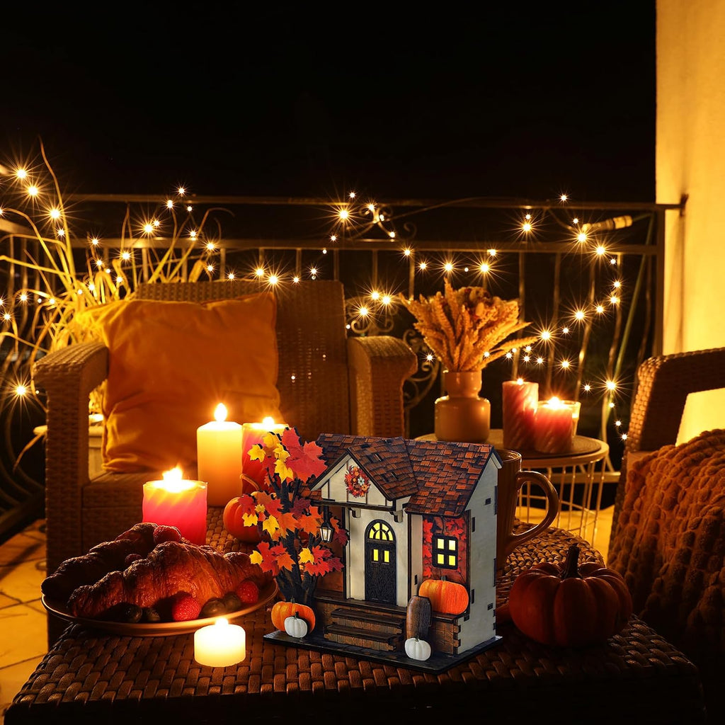 Wooden Lighted Thanksgiving Village House Tabletop Decoration Handcrafted Wood Autumn Harvest Sign Battery Operated