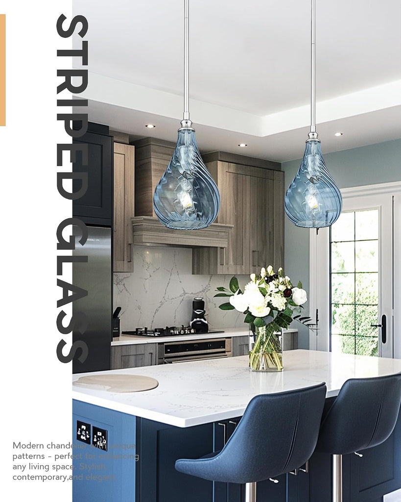 2 Pack Kitchen Pendant Lighting Over Island 6 Inch,Hanging Pendants Light,Brushed Gold Finished Striped Glass Pendant