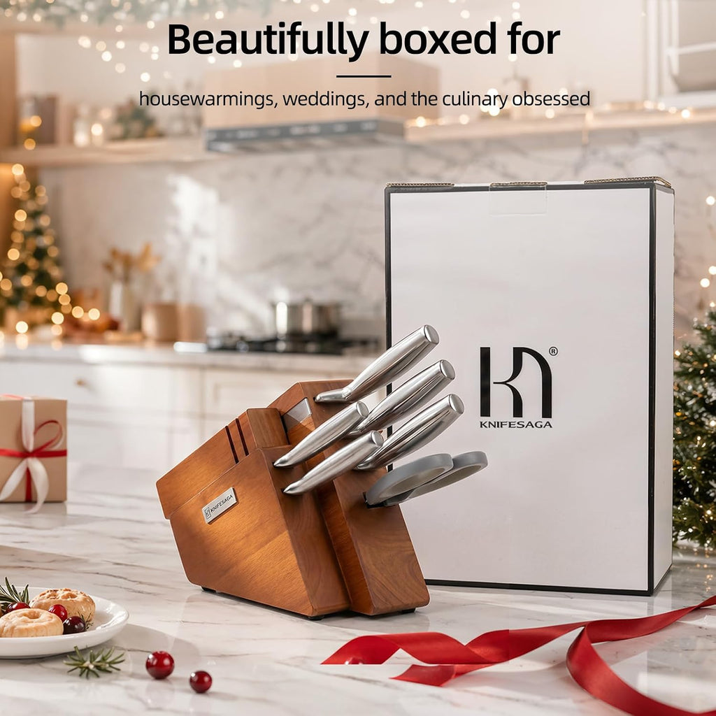 Kitchen Knife Set with Block and Detachable Sharpener | 8-Piece High Carbon Stainless Steel Knife Block Set, Fully