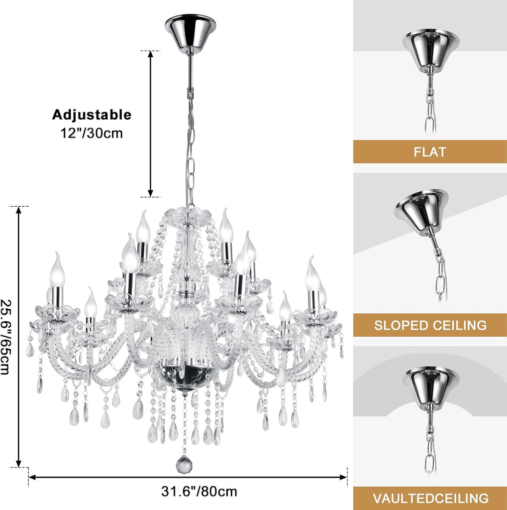 Modern Elegant 12 Lights K9 Crystal Glass Chandelier Silver Pendant Ceiling Lighting European Style for Dining Living Room Bedroom Transparent,12 E12 Bulbs Required