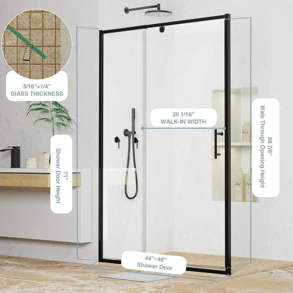 44-48"W x 71"H Pivot Swing Glass Shower Door, 1/4"(6mm) Clear Tempered Glass Pivot Frame Sliding Shower Door