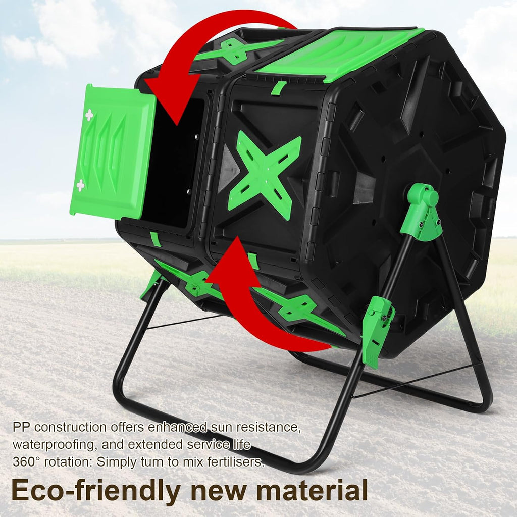140L Dual Chamber Tumbling Composter 360° Sliding Door for Garden | Heavy-Duty Rotating Compost Bin With Easy Setup &