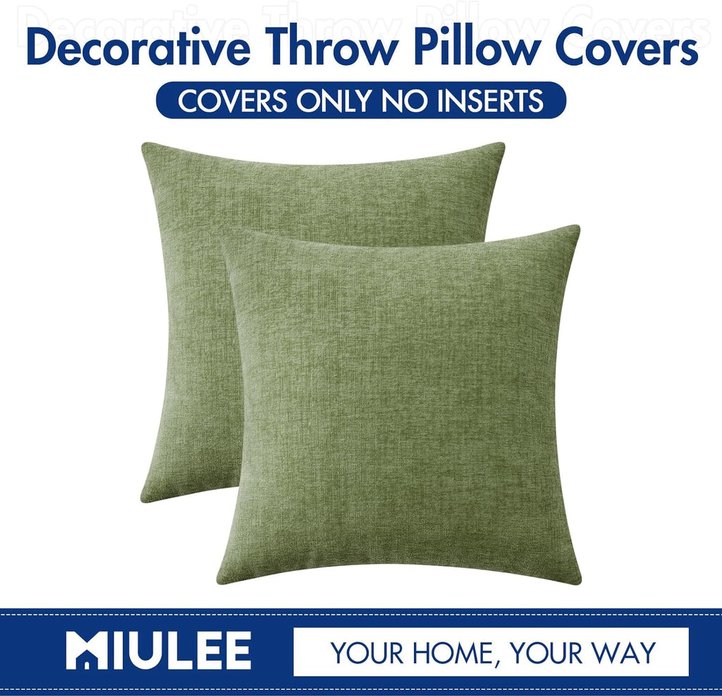 Pack of 2 Couch Throw Pillow Covers 18x18 Inch Spring Soft Sage Green Chenille Pillow Covers