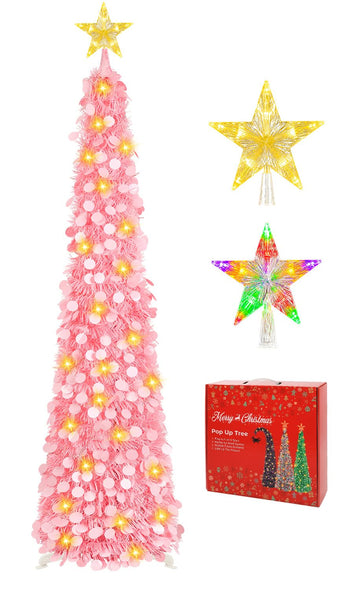 5FT Pop Up Christmas Tree with Lighted Top Star for Pink Decorations