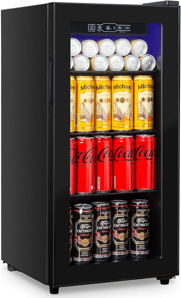 Beverage Refrigerator 180 Can, Black Beer Fridge with Glass Door, 3.2 Cu Ft Mini