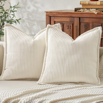 Corduroy Summer Throw Pillow Covers 18x18 Set of 2, Neutral Decorative Soft Boho Couch Pillow Covers with Broadside