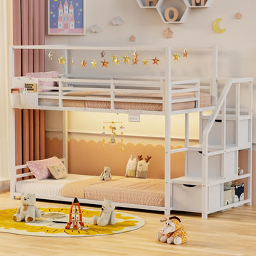 Low Bunk Bed Twin Over Twin with Storage Staircase, RGB LED Lights, Drawers & Shelves
