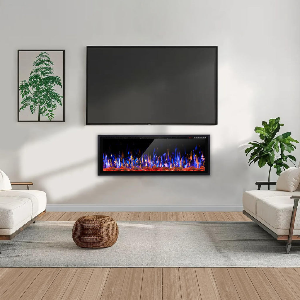 50 inch Wide Screen Silence Linear Electric Fireplace, Recessed Wall Mounted Fireplace, Fit for 2 x 4 and 2 x 6 Stud