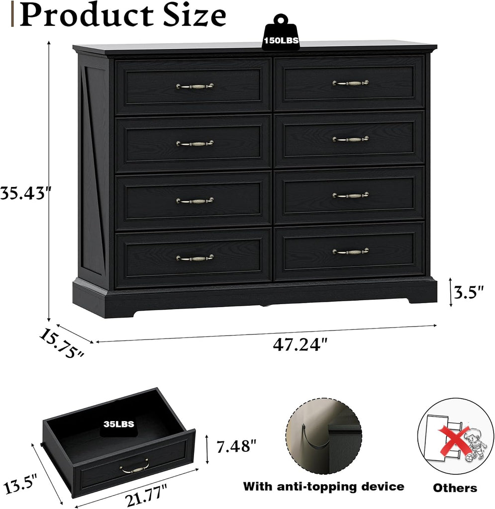 Farmhouse 8 Drawers Dresser , 48" Wide Modern Chest of Drawers with Deep Drawers & Bar Handles, Wood Dresser TV