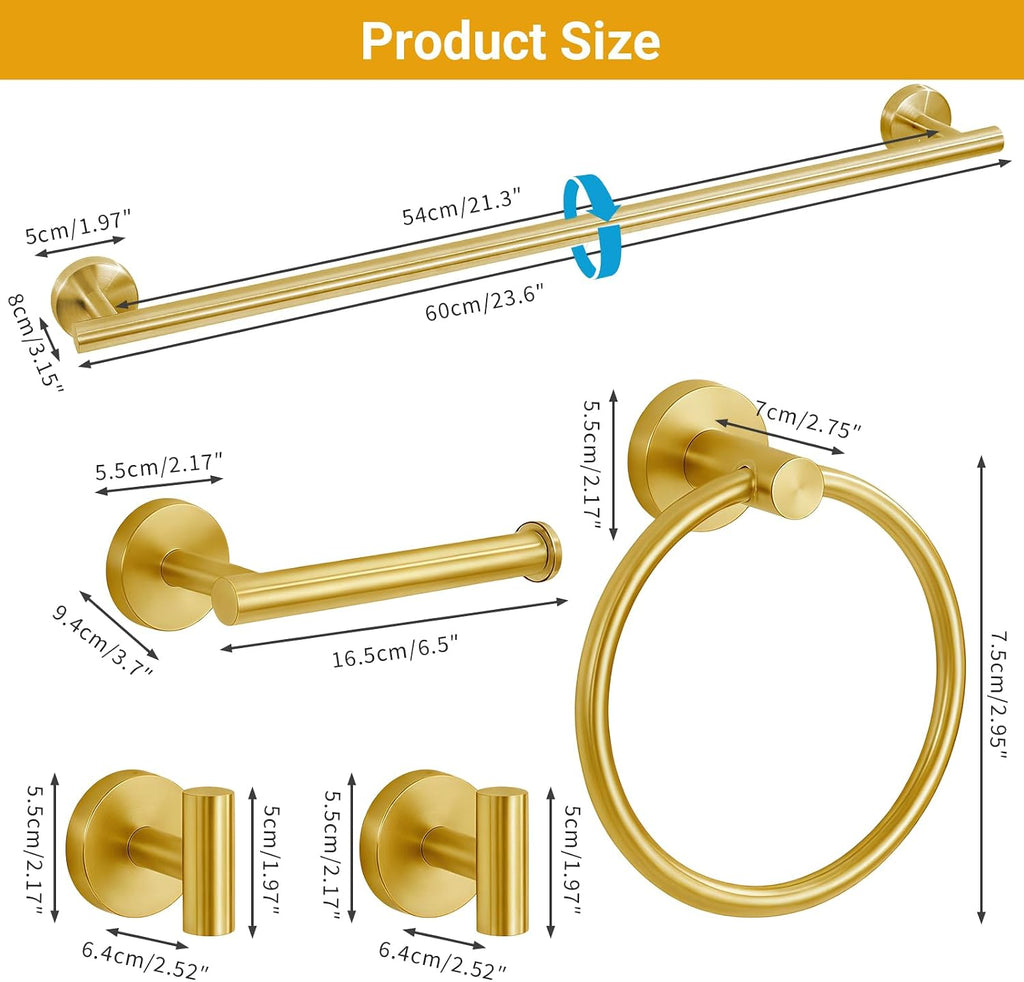 5 Piece Brushed Gold Bathroom Hardware Set, 24 Inch Bathroom Hardware Set Towel Racks , SUS304 Stainless Steel Wall