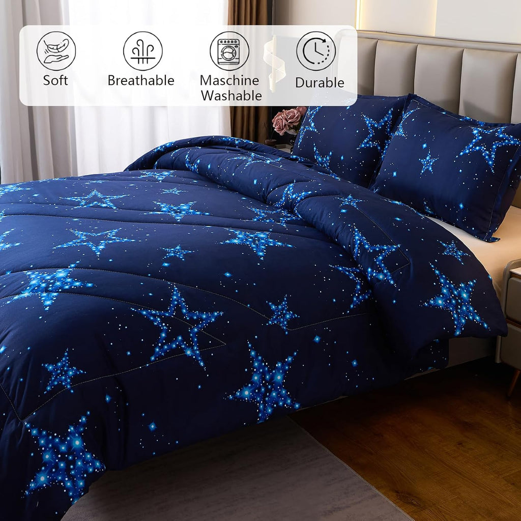 Star Comforter Teen Boy Girl Blue Galaxy Full Bedding Microfiber Set 3 Pieces with Pillowcases for All Seasons