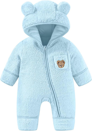 Baby Snowsuit Fleece Bunting - Winter Bear Onesie Warm Hooded Romper with Foldover for Infant Boys Girls