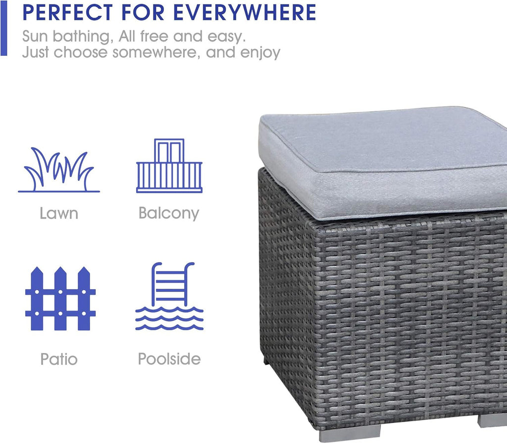 2 Pieces Assembled Outdoor Patio Ottoman, Grey Wicker, Light Grey | Indoor Outdoor All-Weather Rattan Footstool