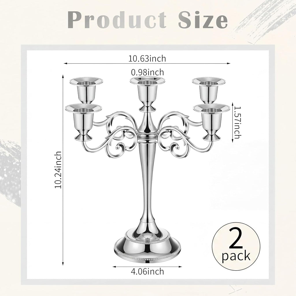 2 Pcs 5 Arm Metal Candelabra Candlestick Holders 10.24 Inch Tall Candlestick Holders Gothic Candle Holdery (Sliver)
