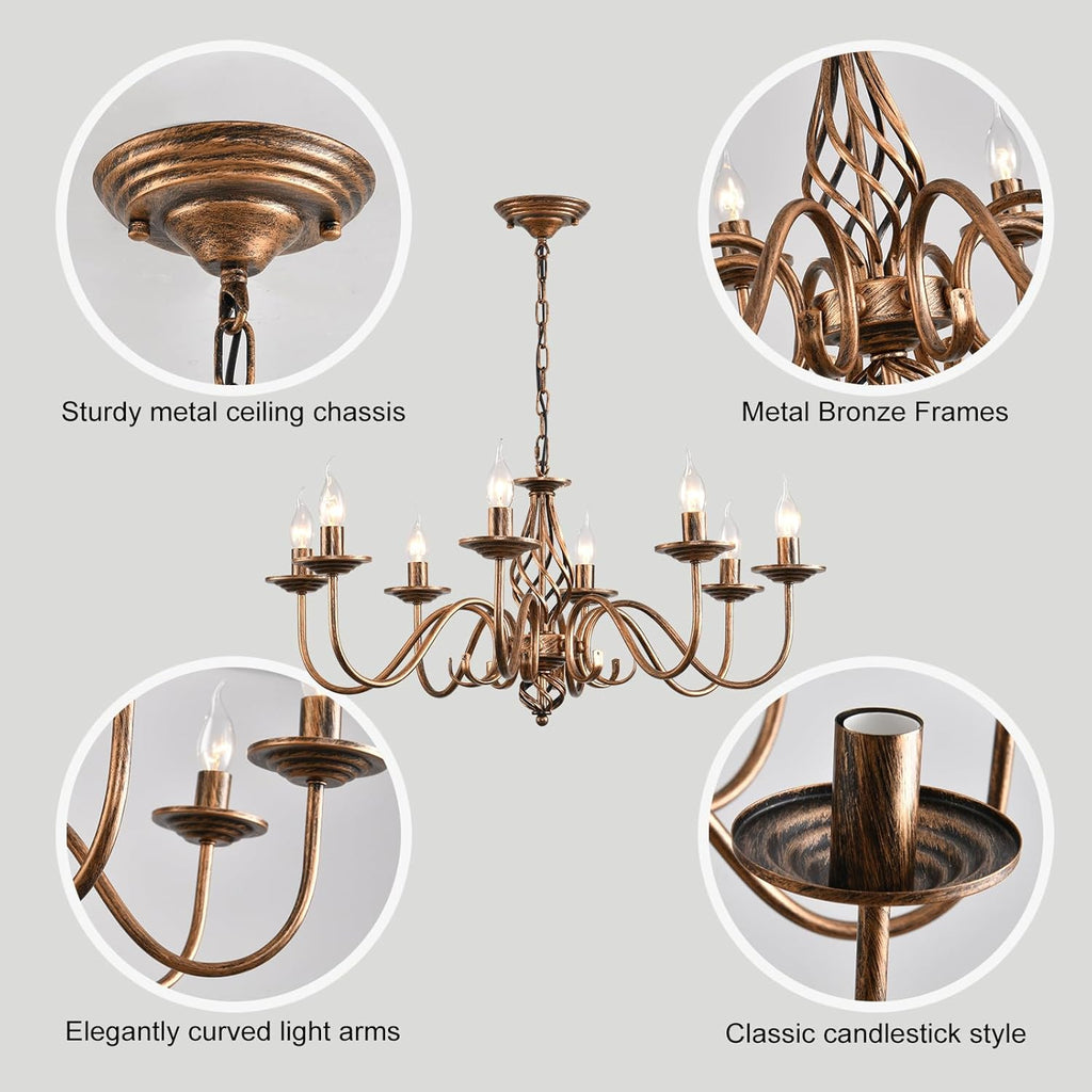 Rustic 8-Light Chandeliers, Antique Bronze Candle French Country Chandelier, Vintage Iron Pendant Hanging Ceiling Light Fixture for Farmhouse Living Room Kitchen Dining Room Foyer