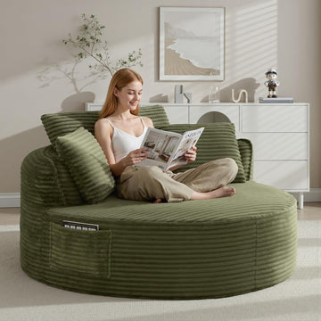 Oversized Round Lounge Chair Indoor, Corduroy Upholstered Deep Seat Cloud Circle Sofa Chair, Fluffy Boneless Sleeper