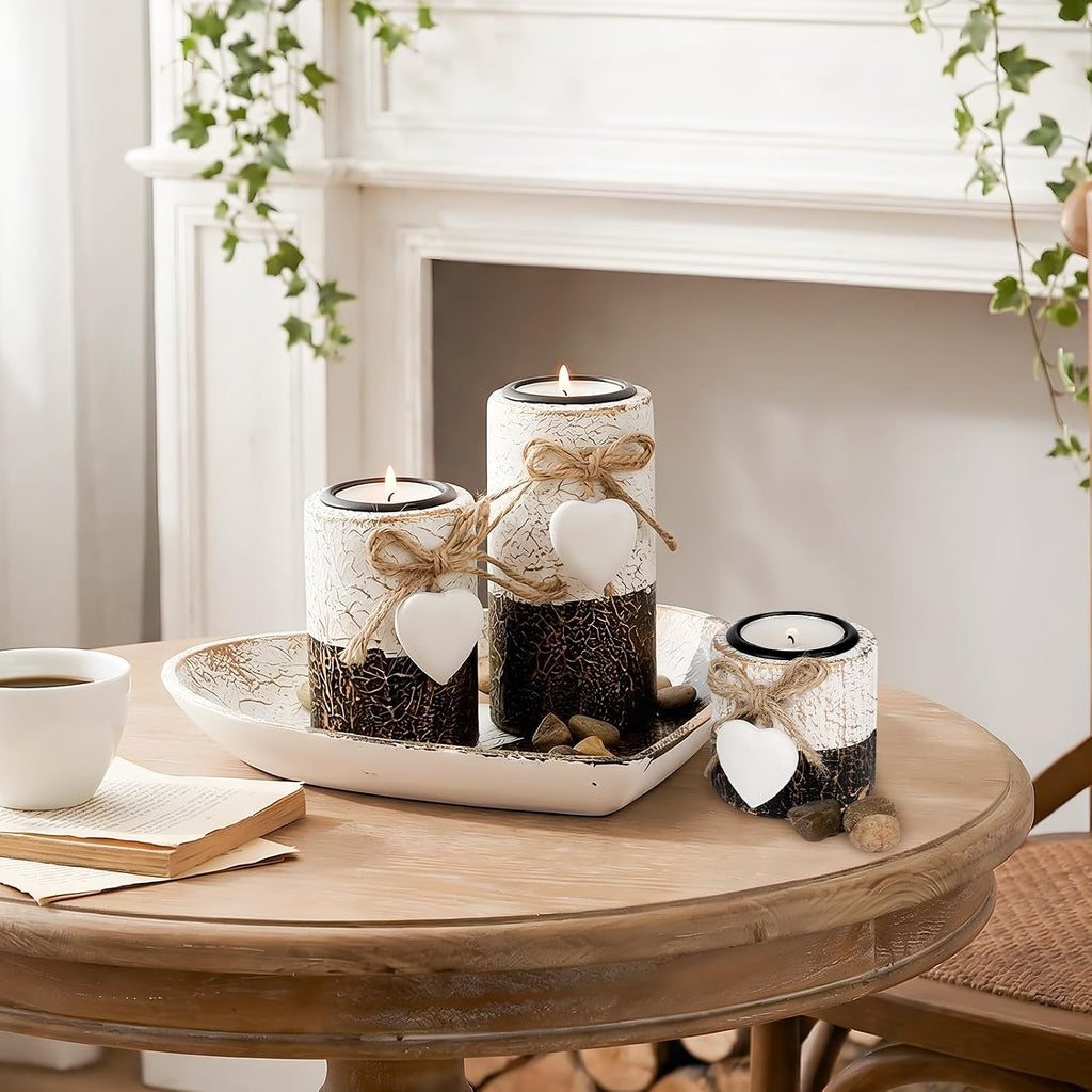 Farmhouse Candle Holders 3 Pack Rustic Wooden Pillar Candle Holder | Heart Tray and Stones Tealight Candles Holders