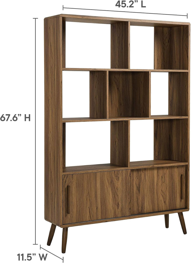 Transmit 8 Shelf Bookcase with Sliding Doors in Walnut - 45 Inch Wood Mid-Century Modern Bookshelf - 4 Tier Tall Open