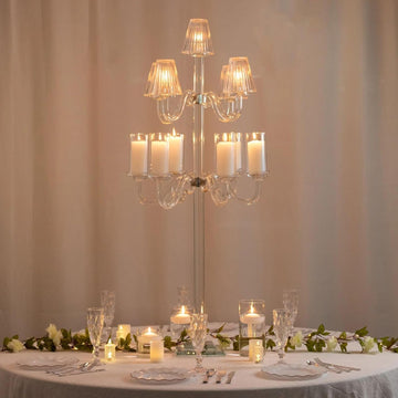 Crystal Glass Floor Candelabra - 11-Arm Candle Holder for Taper & Tealight Candles, Classic Ribbed Empire