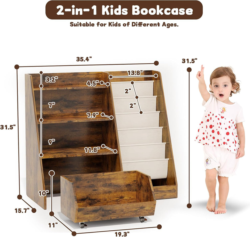 Kids Bookshelf and Toy Storage, 4 Tier Toddler Bookshelf with Movable Drawer (Brown)