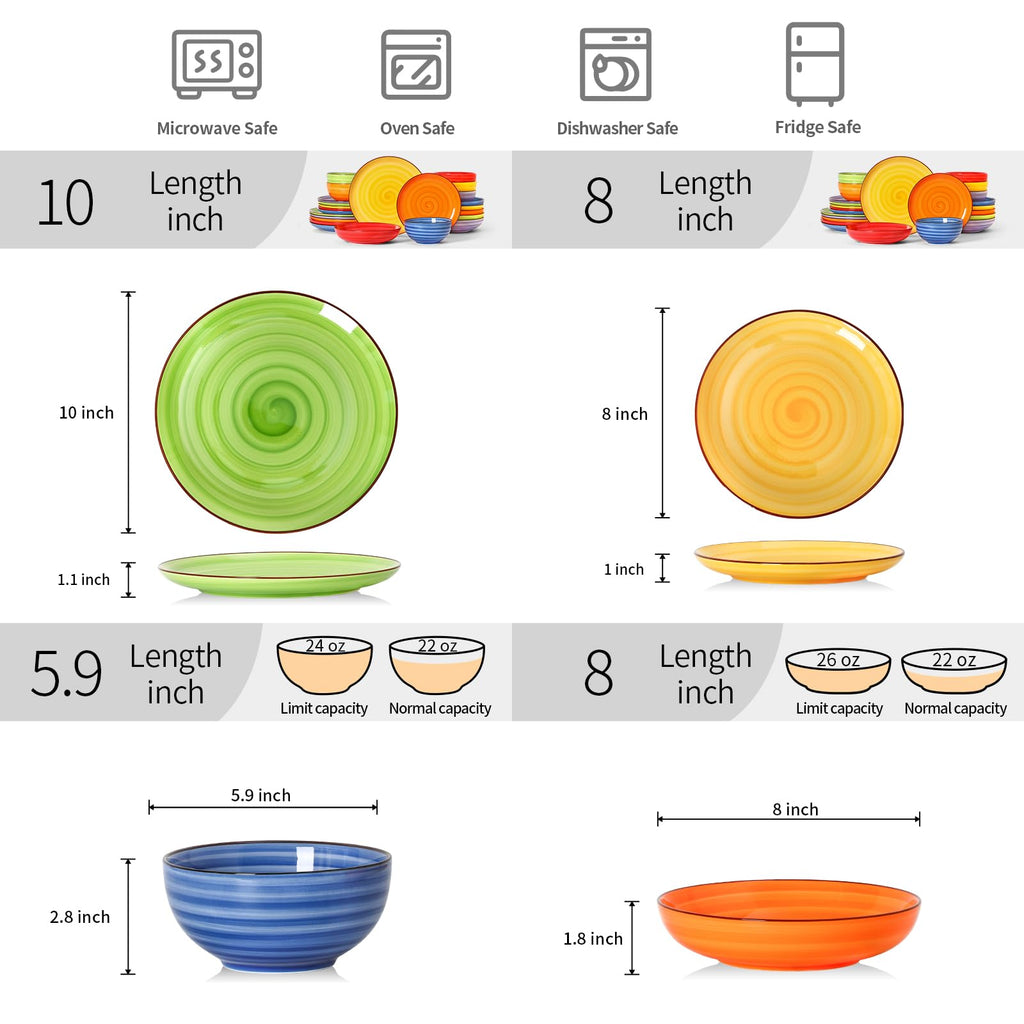 Ceramic Plates and Bowls Sets, 24 Pieces Dinnerware Sets for 6, Scratch Resistant Dish Set for holiday