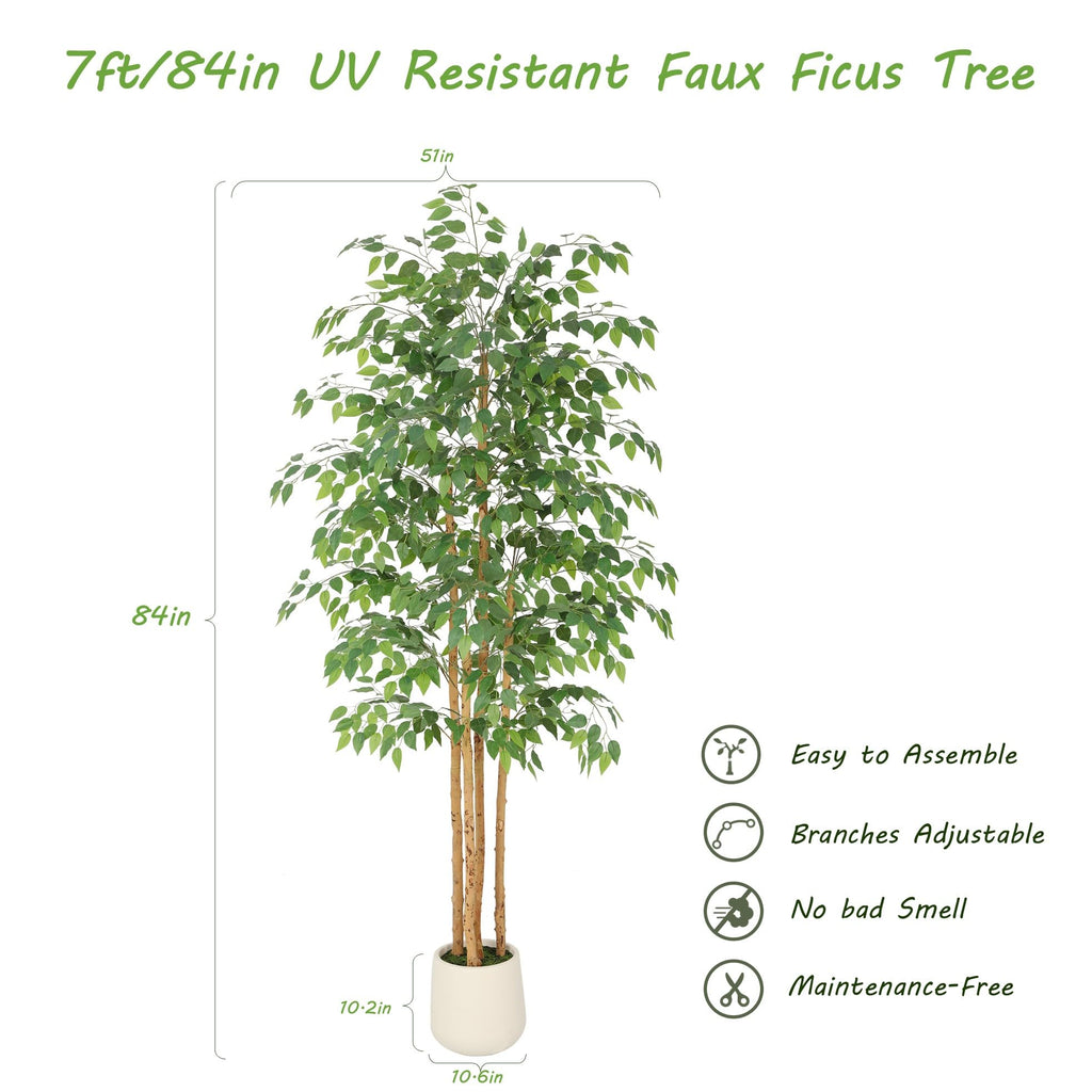 7ft Ficus Tree Artificial with Multi-Real Wood Trunks & White Planter, 84in Realistic Texture Potted Faux Ficus Tree