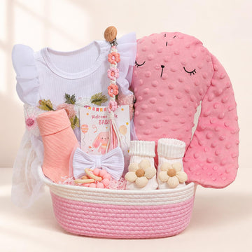 Baby Girl Gifts Basket - Newborn Baby Girl Essentials Set with Dress Pink Bunny Comfort Toy,Pacifier Clip,Baby
