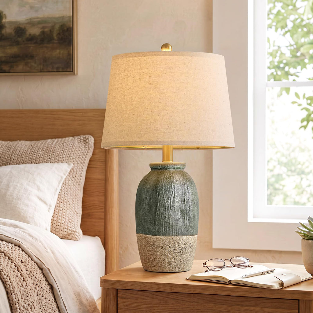 22.5" Green Ceramic Table Lamps, Boho Nightstand Lamp