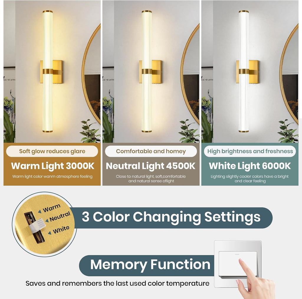 Modern Gold LED Wall Sconce with 3 Color Temperatures, Slim Vertical Linear Wall Light for Bedroom Bedside Living