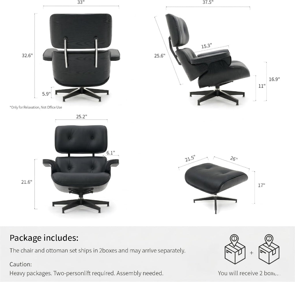 Mid-Century Modern Lounge Chair & Ottoman — Black Bonded Grain Leather, Walnut Base, Premium Tall Back