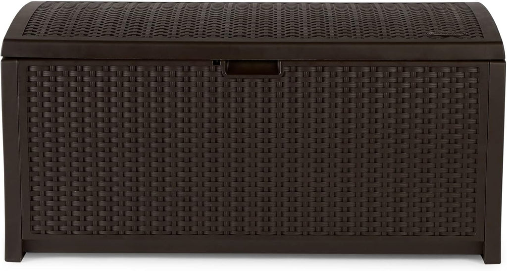 Outdoor Storage Box - 73 Gallon Mocha Brown Deck Box , weather-resistant Outdoor Storage Bench, Resin Wicker Style