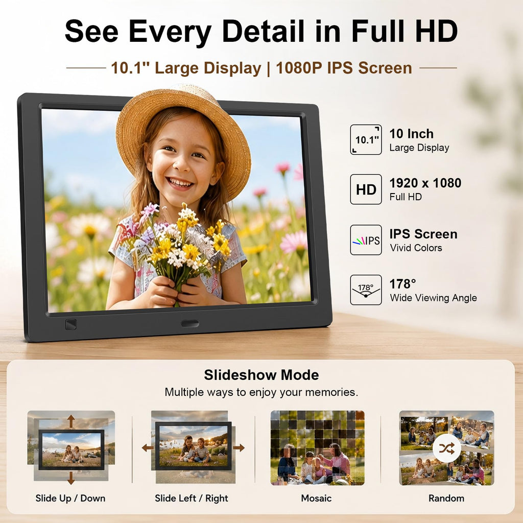 10.1-Inch 1080P IPS Digital Picture Frame, No WiFi or App Required
