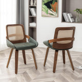 Dining Chairs Set of 2, Green Dining Chairs with Walnut Bentwood Frame, Ergonomic Rattan Back and Curved Arms for Kitchen or Living Room