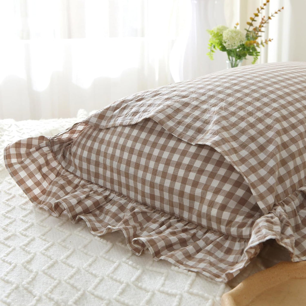 Taupe/White Plaid Euro Pillow Shams Ruffle Pillowcases Set of 2,Shabby Checkered Washed Cotton Pillow Covers-26