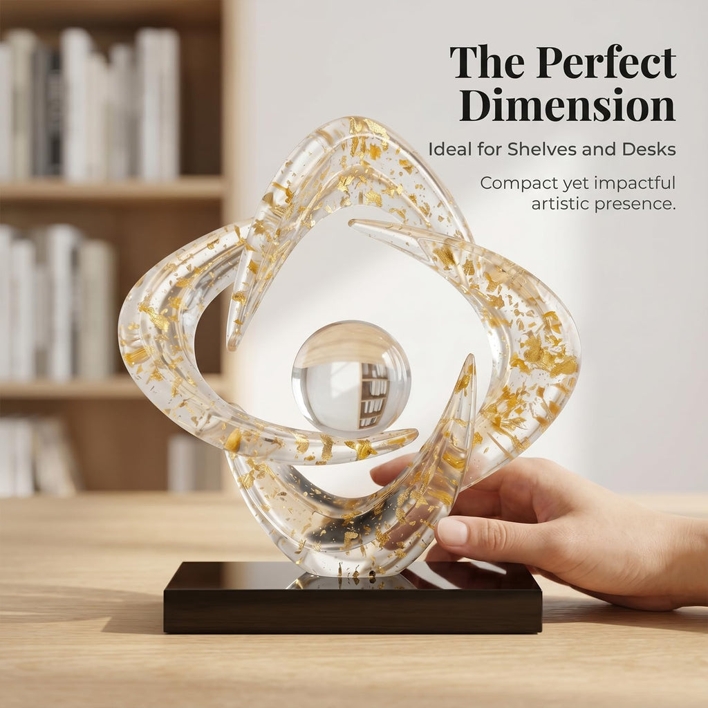 Modern Abstract Sculpture Decor, 10.8" Gold Resin Art Statue | Clear Gold Resin Art Statue for Coffee Table