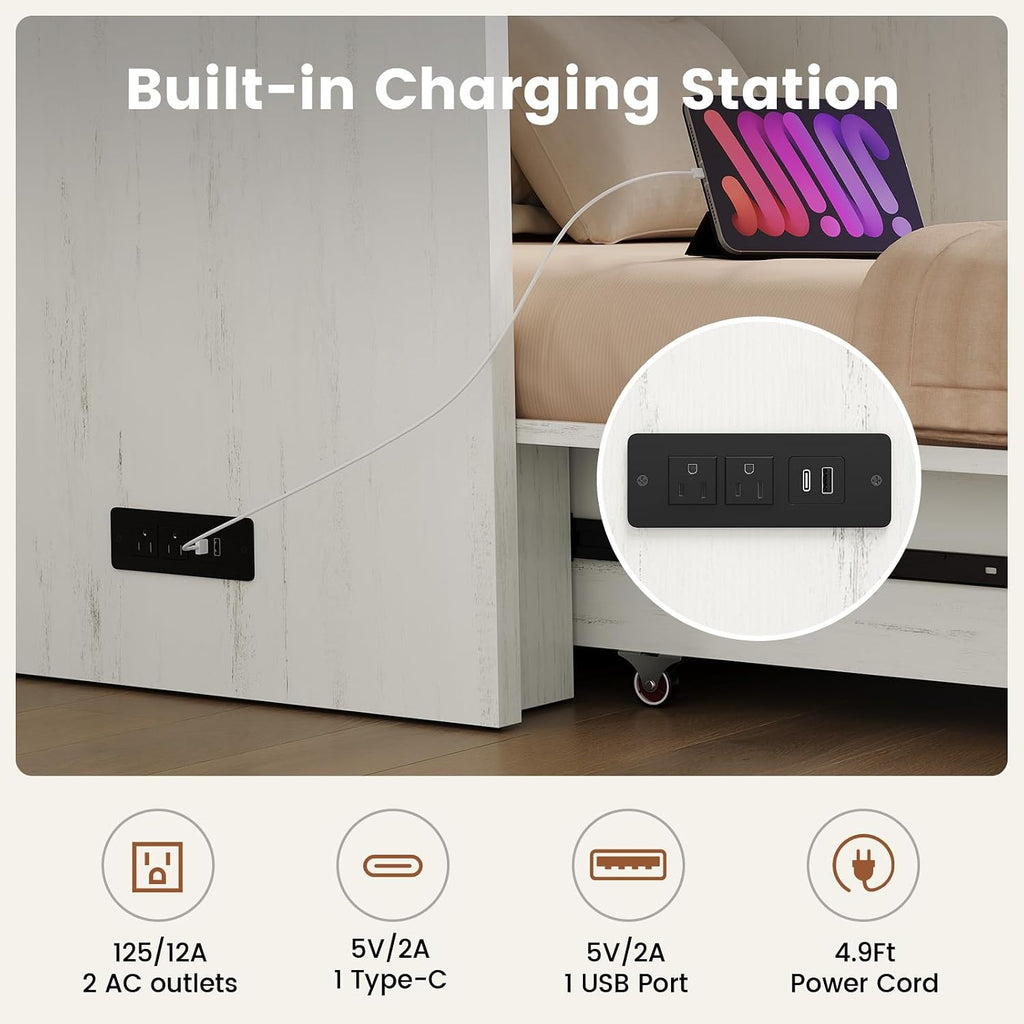 Queen Murphy Bed with 4" Trifold Mattress, Farmhouse Murphy Cabinet Bed with Storage Drawers, Charging Station & Hidden Compartment, Hideaway Bed Cabinet for Bedroom, Guest, Rustic White