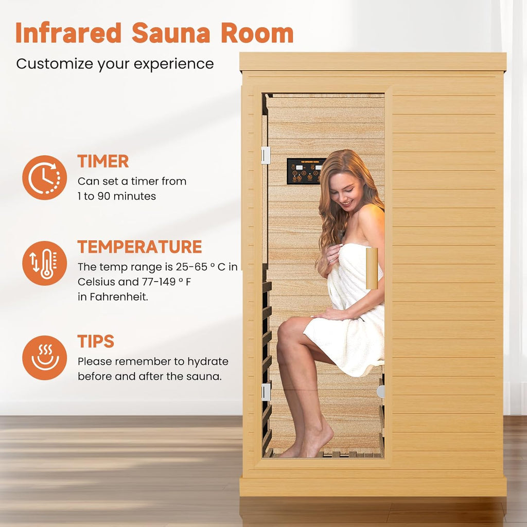 Far Infrared Sauna Home Sauna Spa Room Canadian Hemlock Wood 1200W Indoor Saunas Low EMF 110V with 7 Color Light and Tempered Glass Door, Room: 35.2 * 27.6 * 61.6Inch