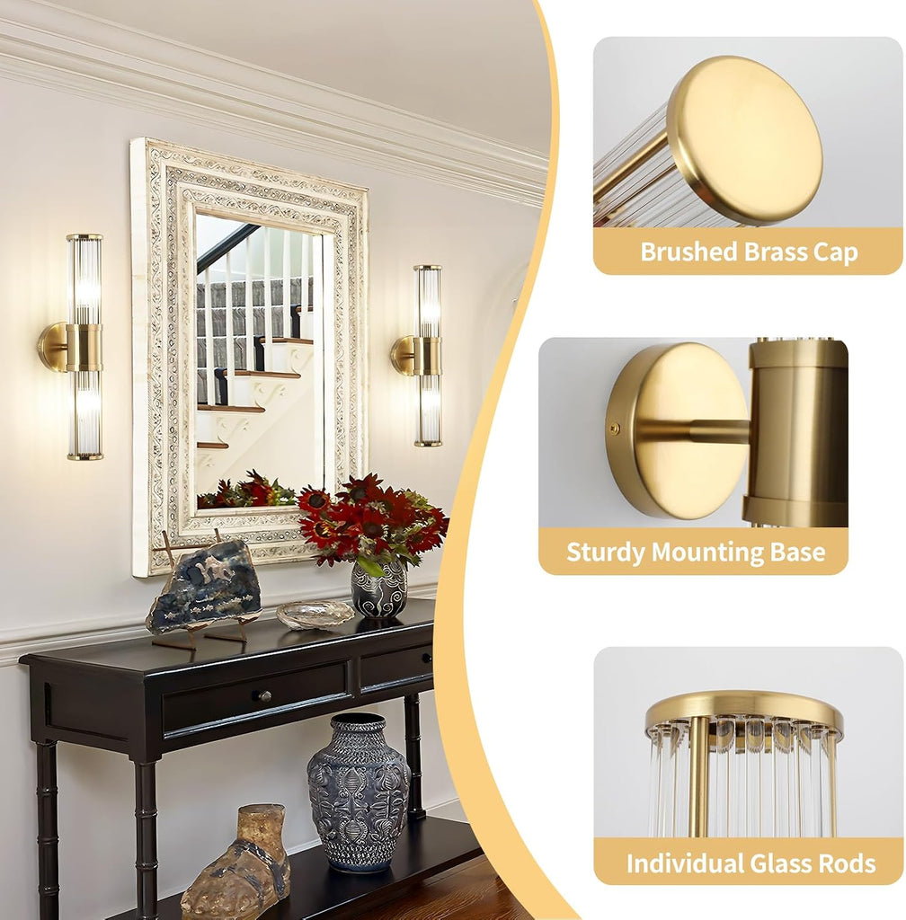 Brushed Brass Vanity Light Fixture, Dual Glass Rod Wall Sconce — Single Sconce, 2-Light E12 Candelabra Base