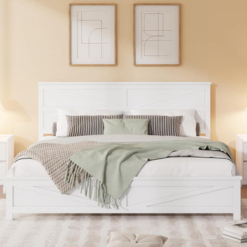 Rustic Platform Bed Frame with Barn Door Design Headboard and Footboard for Bedroom, King Pine Wood Bed with Wooden