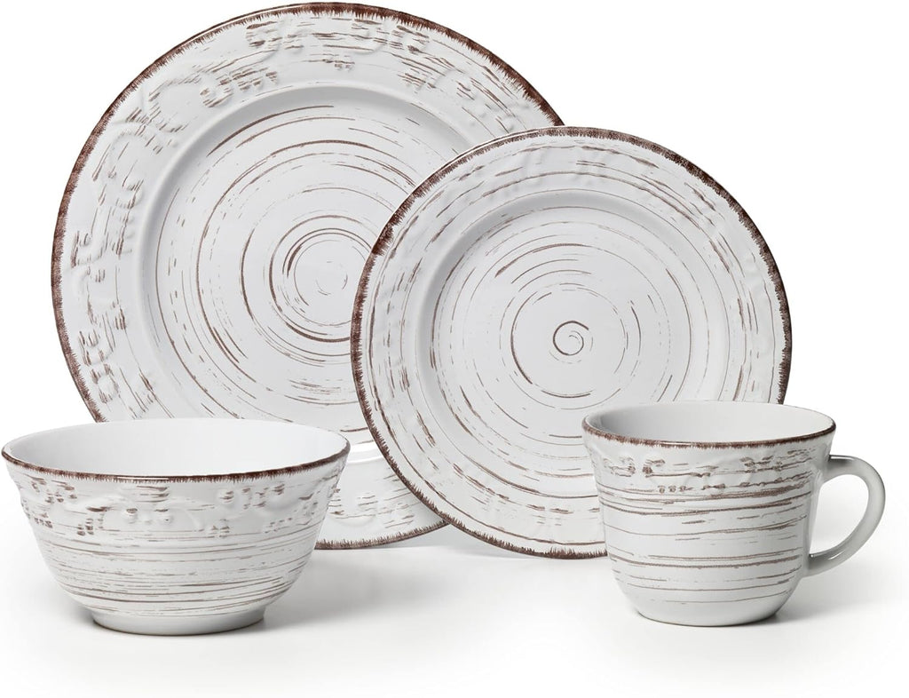 Trellis White 16-Piece Stoneware Dinnerware Set, Service for 4, Distressed White Finish
